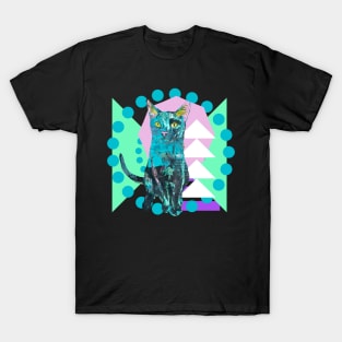 Geometric Black Newsprint Art Kitty Cat T-Shirt